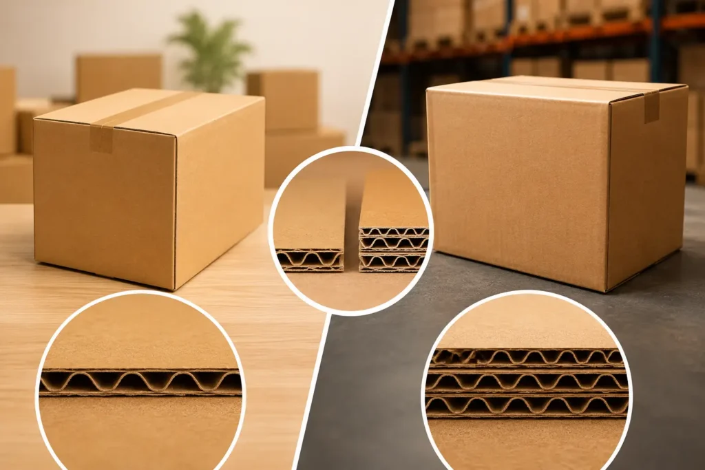 3 ply vs 5 ply corrugated box comparison with close-up layers and industrial packaging background for ecommerce and shipping businesses