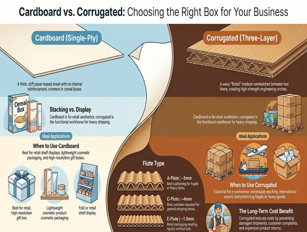 Cardboard vs corrugated boxes comparison showing structure and strength difference — Nirmal Packaging